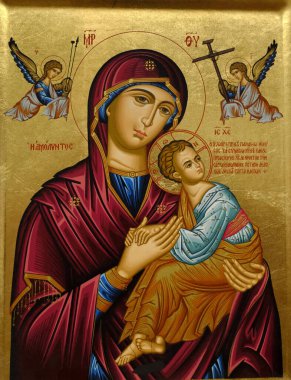 Padua 'lı Aziz Anthony Bazilikası. Dini hediyelik eşya dükkanı. Daimi Yardım Leydimiz, Rus ortodoks ikonu Meryem Ana ve Çocuk, Bakire Meryem. Simge. Padua. İtalya.