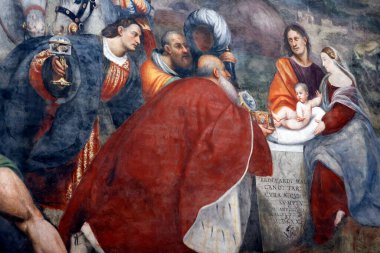 Treviso Katedrali. Giovanni Antonio de Sacchis 'in (1520) Katedraldeki Üç Magi' nin Rönesans freski. Treviso. İtalya.