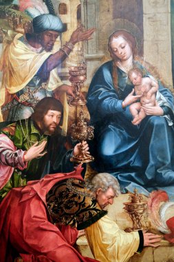 Ulusal Antik Sanat Müzesi. Magi 'nin hayranlığı. Santos o Novo 'nun sunağı. Gregorio Lopes. 16. yüzyıl. Meşe üzerine yağ paneli..