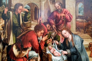 Ulusal Antik Sanat Müzesi. Çobanların hayranlığı. Santos o Novo 'nun sunağı. Gregorio Lopes. 16. yüzyıl. Meşe üzerine yağ paneli..