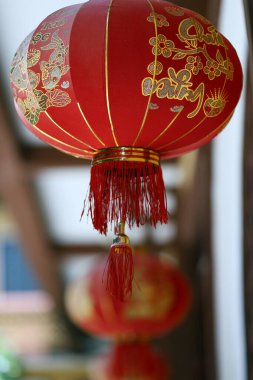 Uzun Duc Budist Pagoda. Kırmızı yılbaşı fenerleriyle süslenmiş. Tan Chau. Vietnam.
