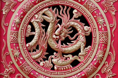 Hırsız Truc Budist tapınağı. Çin ejderhası. Dekorasyon. Tahta oyma. Bac Lieu. Vietnam. .