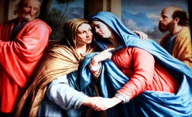 Kefaret Kilisesi (veya Notre Dame Katedrali). Ziyaret, İsa 'ya hamile olan Meryem' in Vaftizci Yahya 'ya hamile olan Elizabeth' i ziyaret etmesidir. Rengi. Vietnam.