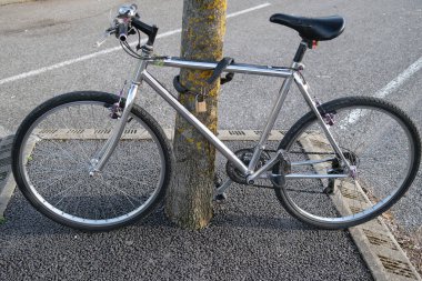 Gri bisiklet ağaca zincirle bağlanmış. Fransa.