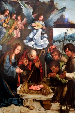 Ulusal Antik Sanat Müzesi. Sao Francesco de Evora 'nın sunağı. İsa 'nın. Çobanların hayranlığı gibi. 16. yüzyıl. Meşe üzerine yağ paneli.