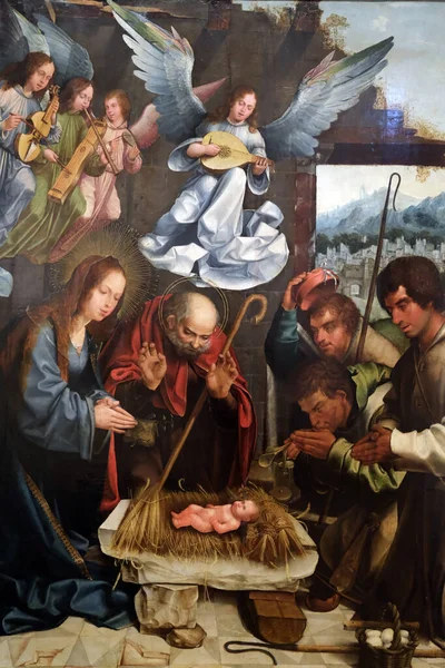 Ulusal Antik Sanat Müzesi. Sao Francesco de Evora 'nın sunağı. İsa 'nın. Çobanların hayranlığı gibi. 16. yüzyıl. Meşe üzerine yağ paneli.