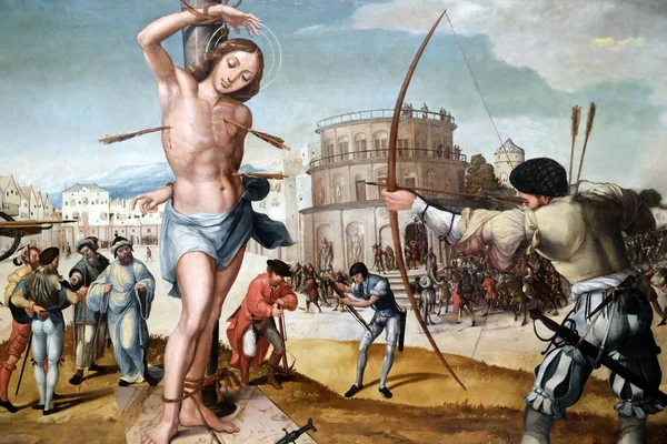 Ulusal Antik Sanat Müzesi. Aziz Sebastian 'ın şehitliği. Gregorio Lopes. 16. yüzyıl. Meşe üzerine yağ paneli.