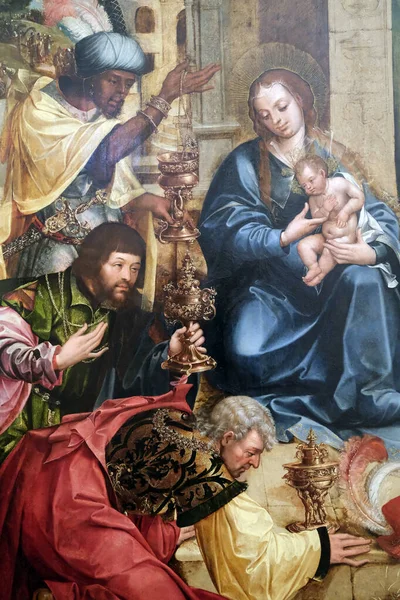 Ulusal Antik Sanat Müzesi. Magi 'nin hayranlığı. Santos o Novo 'nun sunağı. Gregorio Lopes. 16. yüzyıl. Meşe üzerine yağ paneli..