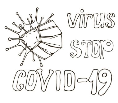 Coronavirus testi, koruyucu maske, covid-19 durağı, siyah beyaz çizim