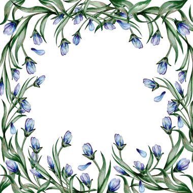 Yeşil yapraklı mavi bahar çiçekleri suluboya çizimi, pürüzsüz desen, sınır, çerçeve, doku