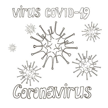 Coronavirus testi, koruyucu maske, covid-19 durağı, siyah beyaz çizim