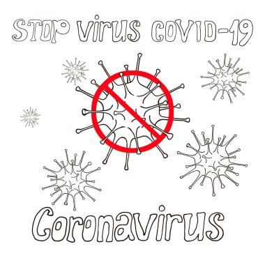 Coronavirus testi, koruyucu maske, covid-19 durağı, siyah beyaz çizim
