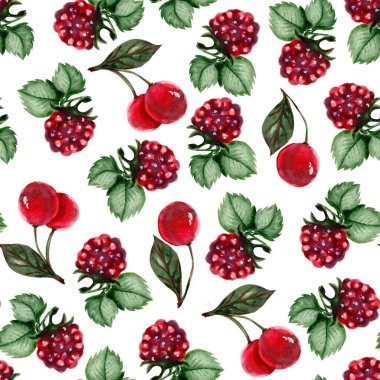 Kusursuz desenli sulu çilek sulu kiraz ve ahududu suluboya çizimi