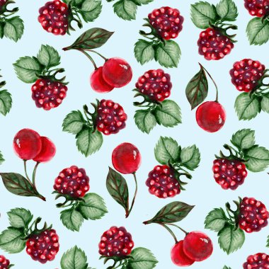 Kusursuz desenli sulu çilek sulu kiraz ve ahududu suluboya çizimi