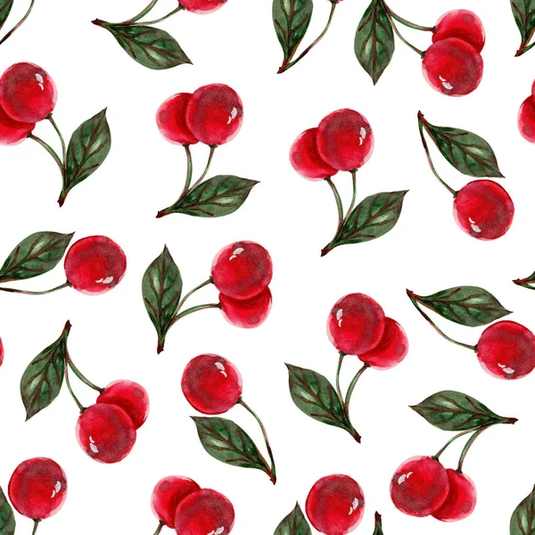 seamless pattern juicy berries cherry and raspberry drawing by watercolor