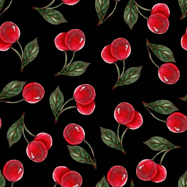 seamless pattern juicy berries cherry and raspberry drawing by watercolor