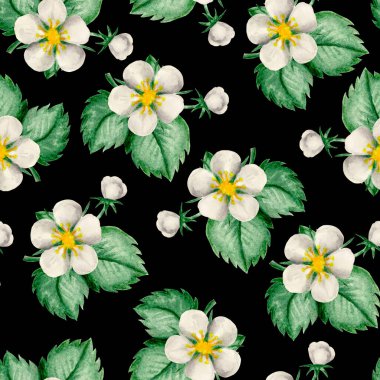 Kusursuz desen ve çerçeveli sulu çilekler ve beyaz çiçekli dallar suluboya kiraz böğürtlenleri çiziyor