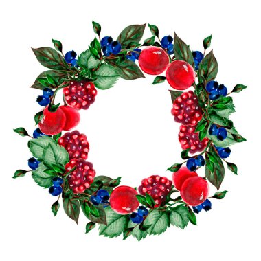 Kusursuz desen ve çerçeveli sulu çilekler ve beyaz çiçekli dallar suluboya kiraz böğürtlenleri çiziyor