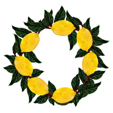 Yuvarlak çerçeveli suluboya el ve yapraklı sulu meyve limonu ve olgun yaban mersini dalı çiziyor.