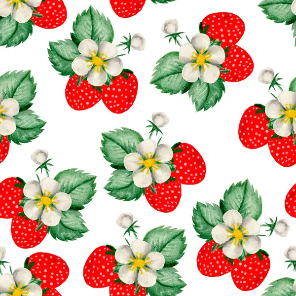 seamless pattern and frame juicy strawberries and twigs with white flowers watercolor drawing cherry raspberry blueberry