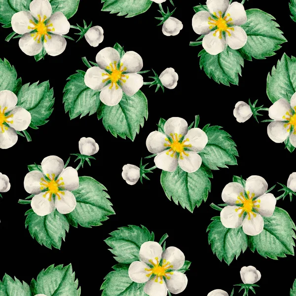 Bezszwowy Wzór Ramka Soczyste Truskawki Gałązki Białymi Kwiatami Akwarela Rysunek — Zdjęcie stockowe