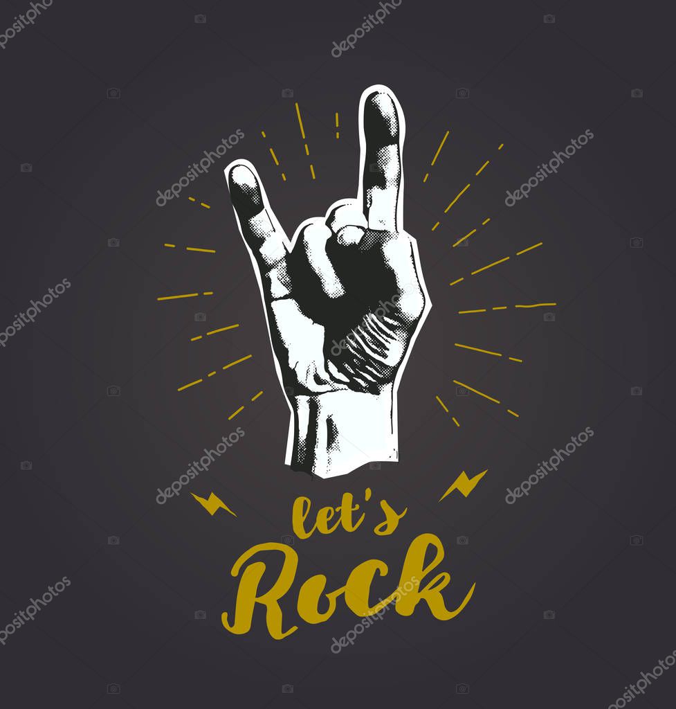 Monochrome antique hipster vintage label , badge, crest rock and roll for flyer poster logo or t-shirt apparel clothing print with lettering hand and lightning. Vector
