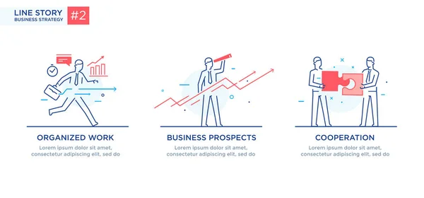 Conjunto de ilustrações conceito com empresários. Fluxo de trabalho, crescimento, gráficos. Desenvolvimento de negócios, marcos. ilustração linear Ícones infográficos. Cartaz de impressão do site de aterrissagem — Vetor de Stock