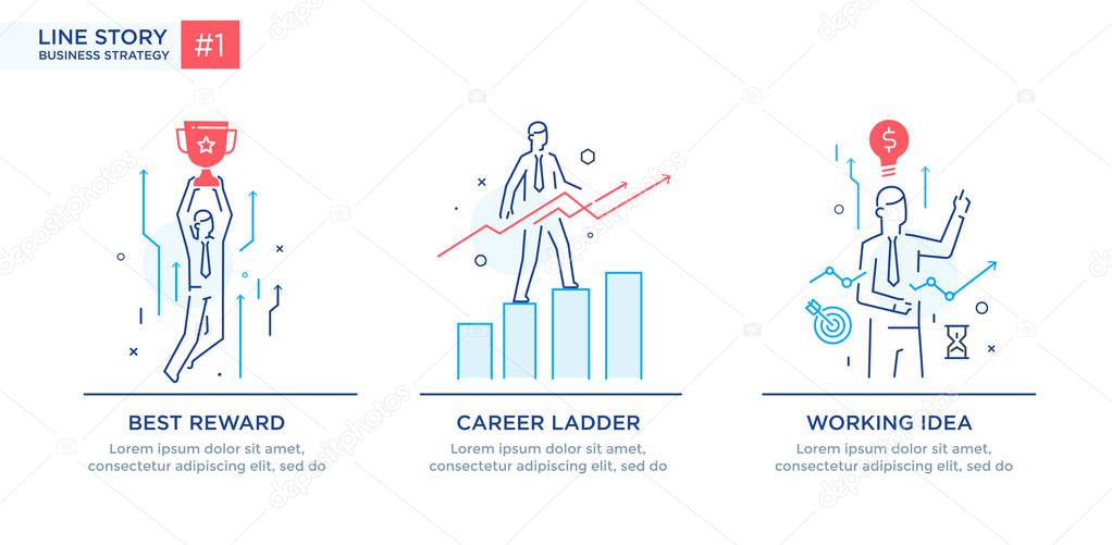 Set of illustrations concept with businessmen. Workflow, growth, graphics. Business development, milestones. linear illustration Icons infographics. Landing page site print poster