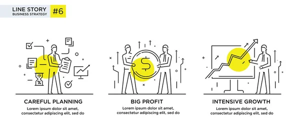 Conjunto de ilustrações conceito com empresários. Fluxo de trabalho, crescimento, gráficos. Desenvolvimento de negócios, marcos. ilustração linear Ícones infográficos. Cartaz de impressão de site de landing page. História da linha —  Vetores de Stock