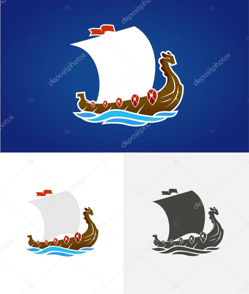 Viking drakkar. Sailing ship floating on the sea waves. Hand drawn design element. Old Russian ship. Vintage vector engraving illustration for poster, label, postmark. Isolated on blue background. Eps