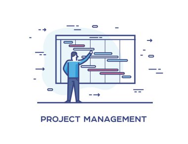 İllüstrasyonlar kavramı ile işadamları yönetir iş kümesi. İş akışı, büyüme, grafik. İş geliştirme, kilometre taşları. Doğrusal illüstrasyon simgeler infographics. Açılış sayfası sitesi baskı poster.