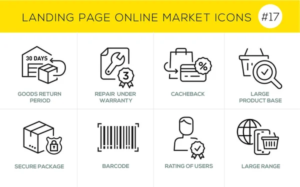 Flat line design concept icons online shopping, e-commerce m-commerce services, payment procedure, support, delivery process, online order procedure, website banner and landing page — Stock Vector