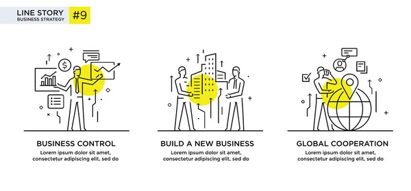 Conjunto de ilustrações conceito com conceito de negócio. Fluxo de trabalho, crescimento, gráficos. Desenvolvimento de negócios, marcos, start-up. ilustração linear Ícones infográficos. Cartaz de impressão de site de landing page. Linha —  Vetores de Stock