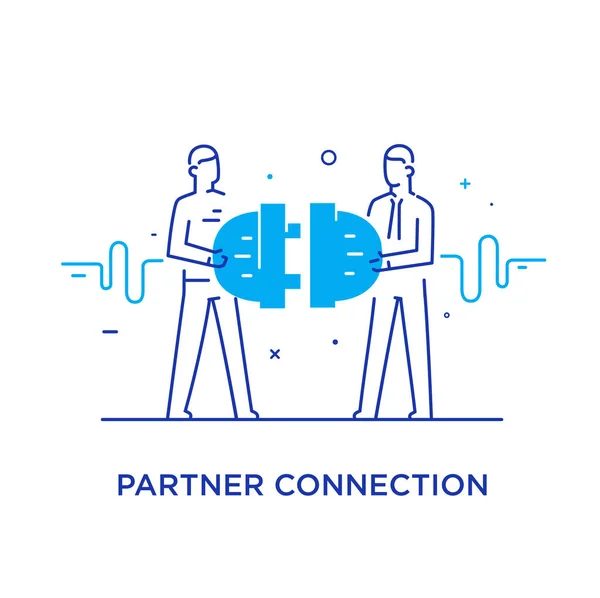 Gli uomini d'affari collegano i connettori. Interazione di cooperazione. Successo, cooperazione. illustrazione icona linea — Vettoriale Stock