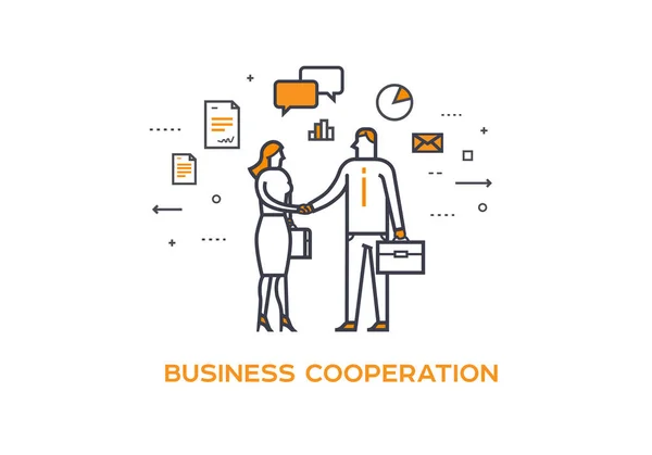 Üzletember és üzletasszony kezet rázott. Együttműködési kölcsönhatás. ábra siker, együttműködés, beruházások — Stock Vector