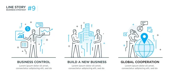 Set of illustrations concept with business concept. Workflow, growth, graphics. Business development, milestones, start-up. linear illustration Icons infographics. Landing page site print poster. Line — Stock Vector