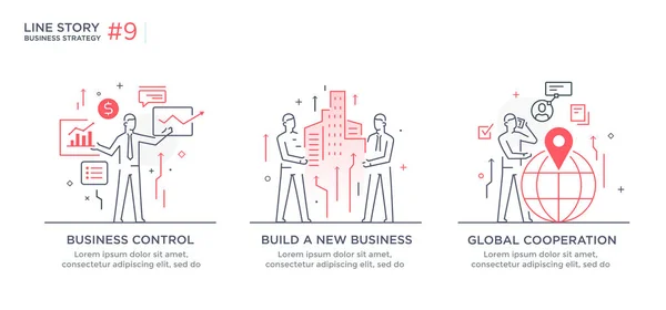 Uppsättning illustrationer koncept med affärsidé. Arbetsflöde, tillväxt, grafik. Affärsutveckling, milstolpar, etablering. linjär illustration ikoner infografik. Tryckaffisch på landningssidan. Linje — Stock vektor