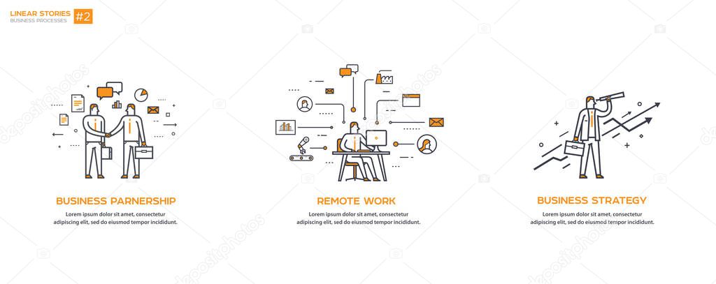Linear flat design, thin line vector illustration. Business processes and cooperation concept. Deal, planning, remote work, strategy, setting goals.