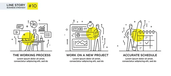 Conjunto de ilustrações conceito com conceito de negócio. Fluxo de trabalho, crescimento, gráficos. Desenvolvimento de negócios, marcos, start-up. ilustração linear Ícones infográficos. Cartaz de impressão de site de landing page. Linha — Vetor de Stock