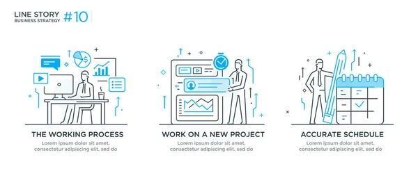 Conjunto de ilustrações conceito com conceito de negócio. Fluxo de trabalho, crescimento, gráficos. Desenvolvimento de negócios, marcos, start-up. ilustração linear Ícones infográficos. Cartaz de impressão de site de landing page. Linha — Vetor de Stock