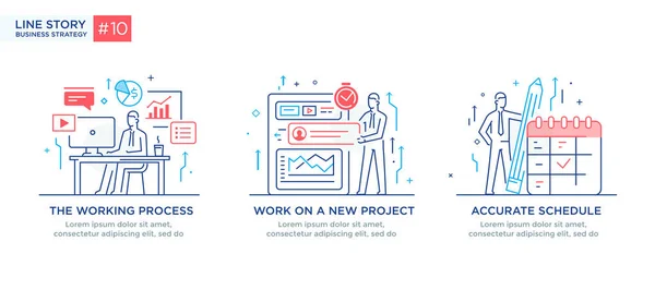 Conjunto de ilustrações conceito com conceito de negócio. Fluxo de trabalho, crescimento, gráficos. Desenvolvimento de negócios, marcos, start-up. ilustração linear Ícones infográficos. Cartaz de impressão de site de landing page. Linha — Vetor de Stock