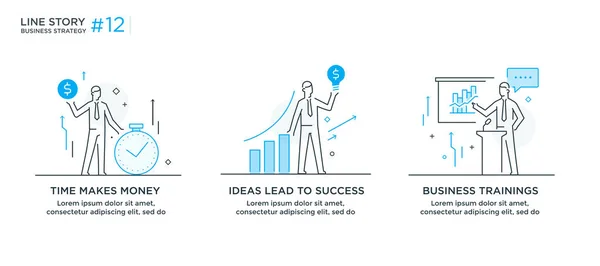 Uppsättning illustrationer koncept med affärsmän. Arbetsflöde, tillväxt, grafik. Affärsutveckling, milstolpar. linjär illustration ikoner infographics. Landning sida webbplats skriva ut affischen. Line berättelse — Stock vektor