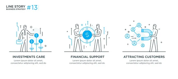 Zestaw ilustracji z koncepcją biznesową. Przepływ pracy, wzrost, grafika. Rozwój biznesu, kamienie milowe, start-up. ilustracja liniowa Ikony infografiki. Plakat wydruku strony lądowania. Linia — Wektor stockowy