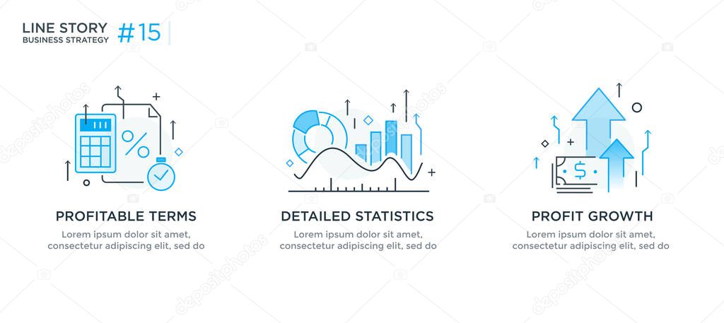 Set of illustrations concept with business concept. Workflow, growth, graphics. Business development, milestones, start-up. linear illustration Icons infographics. Landing page site print poster. Line