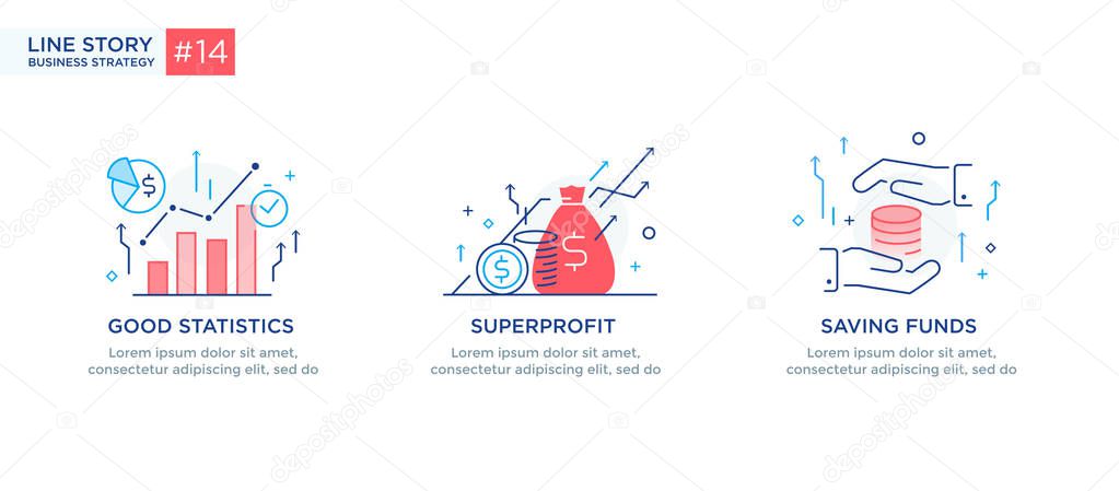 Set of illustrations concept with business concept. Workflow, growth, graphics. Business development, milestones, start-up. linear illustration Icons infographics. Landing page site print poster. Line