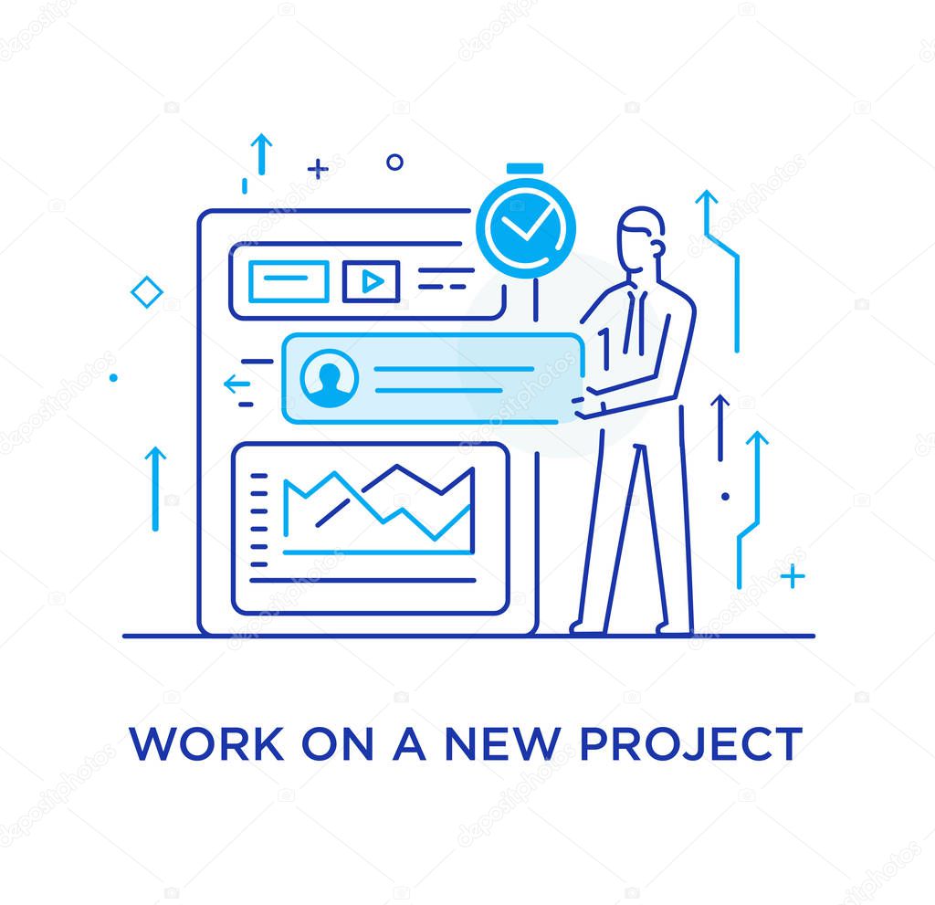 Businessman configures the organizer, project planning. Workflow, growth, graphics. Business development, milestones, start-up. linear illustration Icons infographics. Landing page site print poster