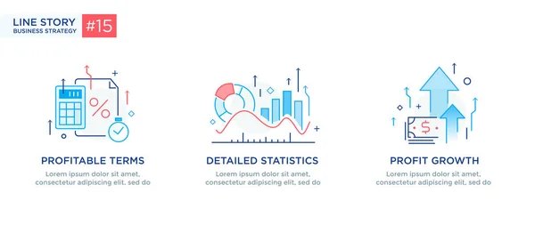 Conjunto de ilustrações conceito com conceito de negócio. Fluxo de trabalho, crescimento, gráficos. Desenvolvimento de negócios, marcos, start-up. ilustração linear Ícones infográficos. Cartaz de impressão de site de landing page. Linha — Vetor de Stock