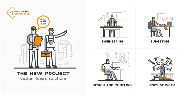 Construtores, um novo projeto, engenheiro, estimativas. Etapas —  Vetores de Stock