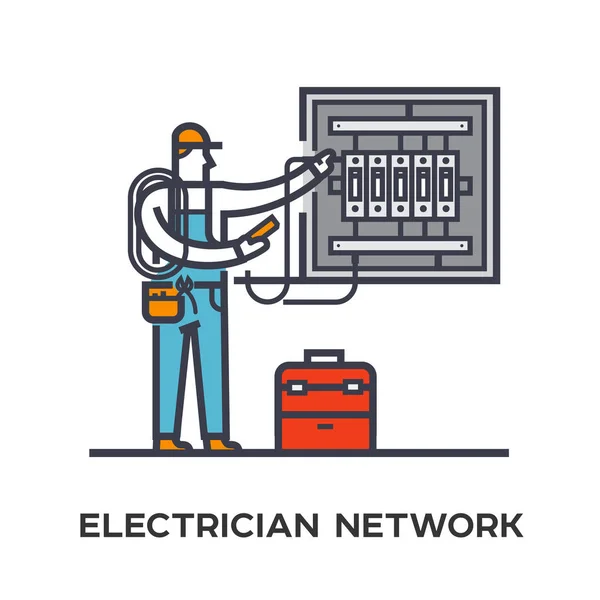 Elektrikář vede elektřinu v přístrojové. — Stockový vektor