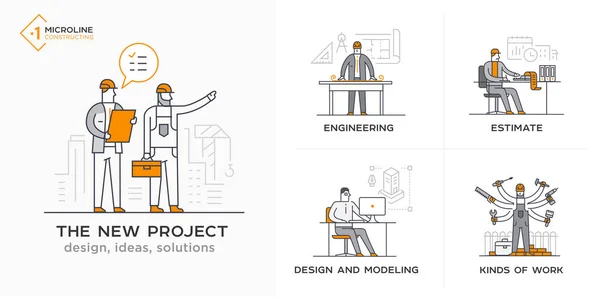 Construtores, um novo projeto, engenheiro, estimativas. Etapas —  Vetores de Stock